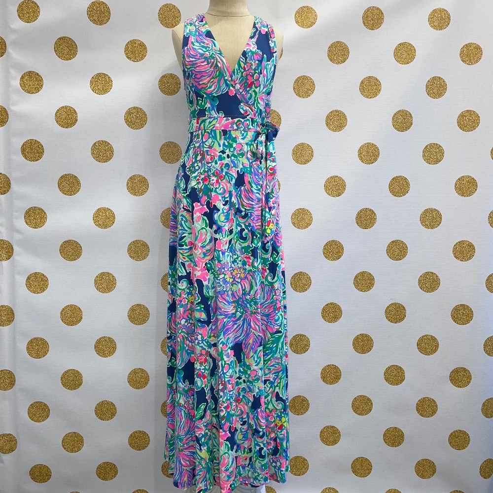Lilly Pulitzer Delfina Maxi Wrap Dress in Indigo Exotic Escapade, Small, NWT